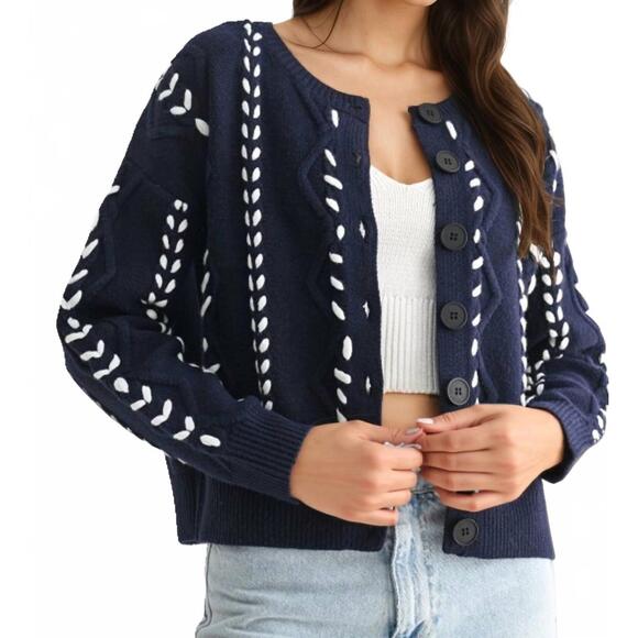 NEW KNIT & LOUNGE button front cardigan with white stitch detailing in blue - Picture 5 of 6